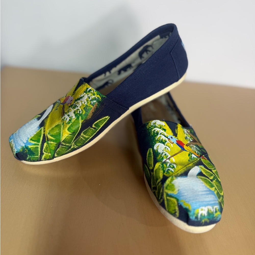 TOMS Hand-Painted Canvas Slip-Ons – One of a Kind Jungle Parrot Design – Signed